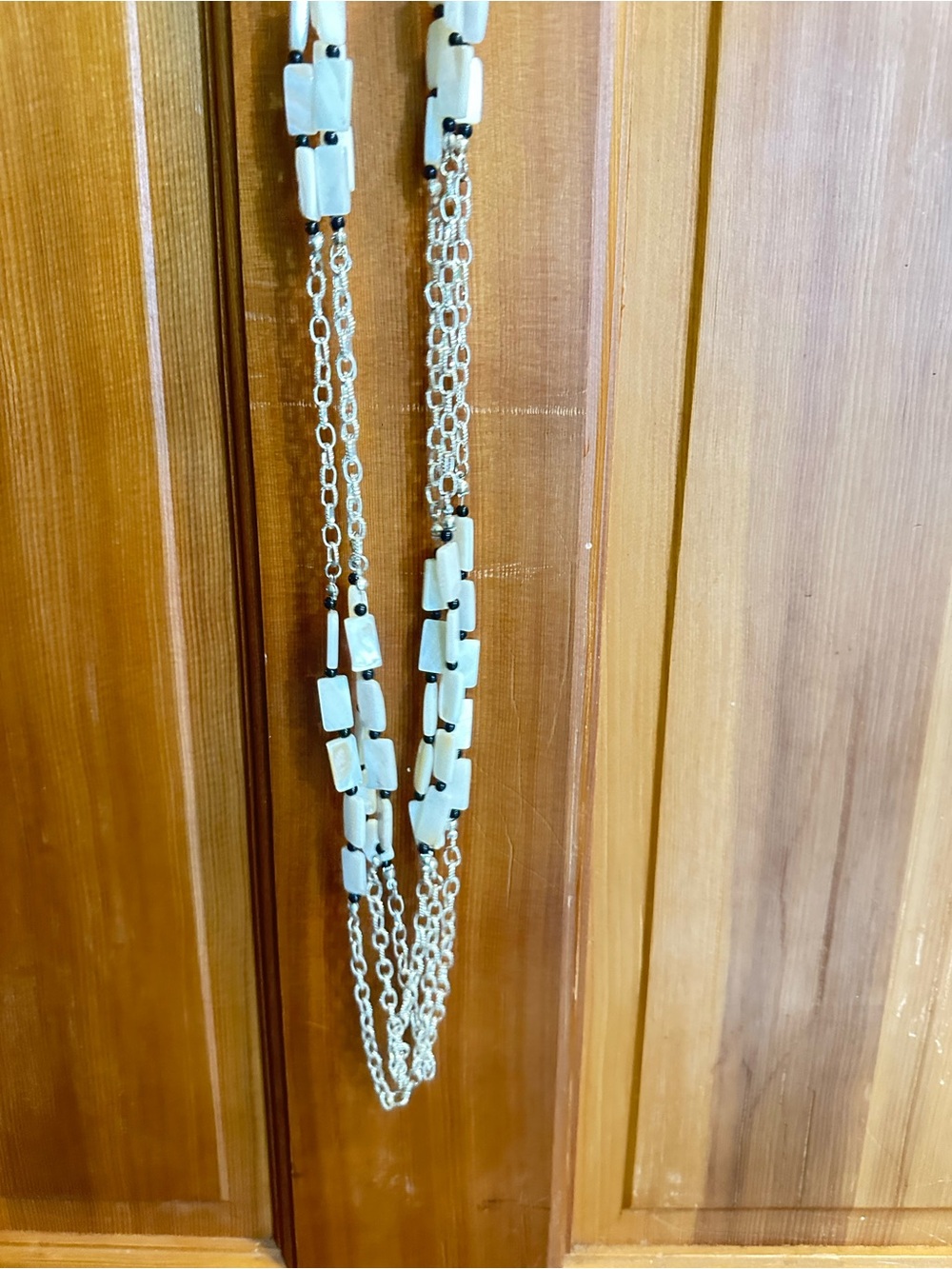Multi-Strand White Bead and Silver Chain Necklace
